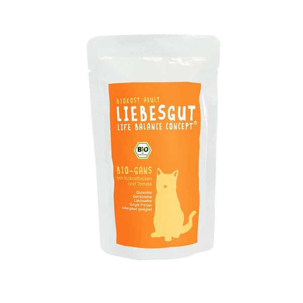 Liebesgut Biokost Adult Katze Mit Gans, Kokos Und Tomate 3 Liebesgut Biokost Adult Katze Mit Gans, Kokos Und Tomate