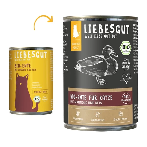 Liebesgut Biokost Adult Katze Mit Ente, Mangold Und Reis 3 Liebesgut Biokost Adult Katze Mit Ente, Mangold Und Reis