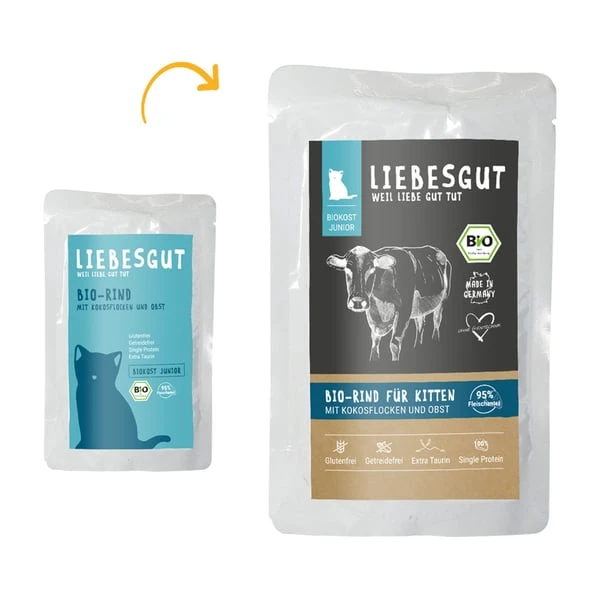 Liebesgut Biokost Junior Katze Mit Rind, Kokos Und Obst 3 Liebesgut Biokost Junior Katze Mit Rind, Kokos Und Obst